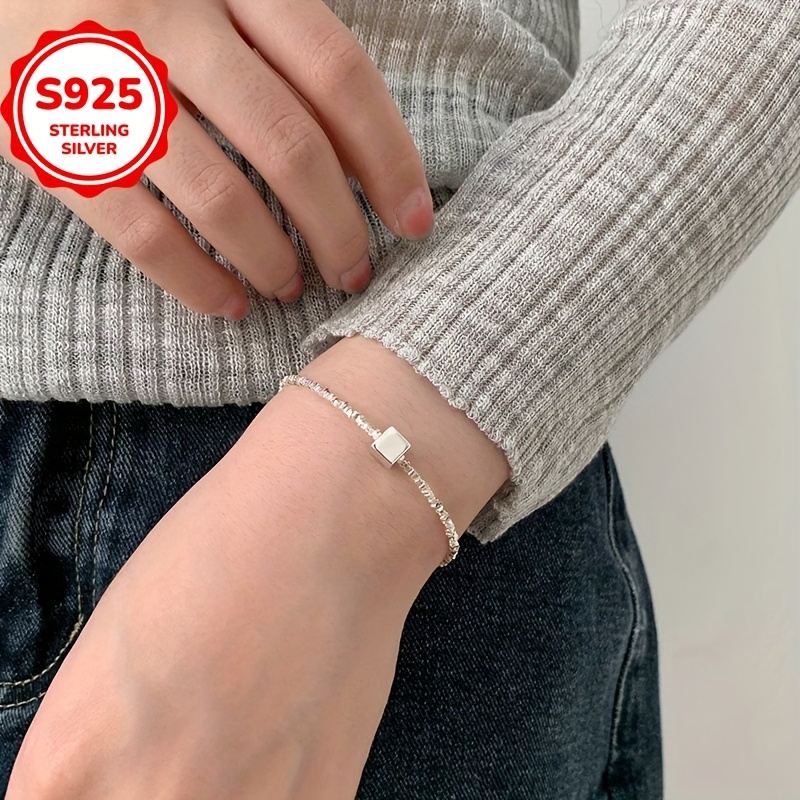 925 Silver Small Square Pendant Chain Bracelet Gift for All Season