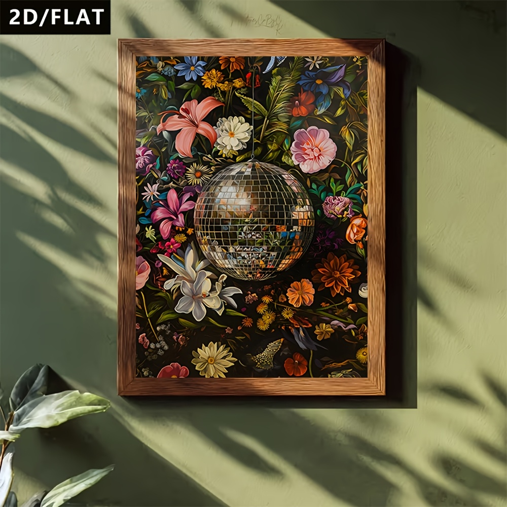 TEMU 2d Flat, 2d/flat 1pc, A Painting Is A Retro Disco Ball In The Colorful Flowers, Wall Arts, Oil Posters, Retro Style, Canvas Painting, Suitable