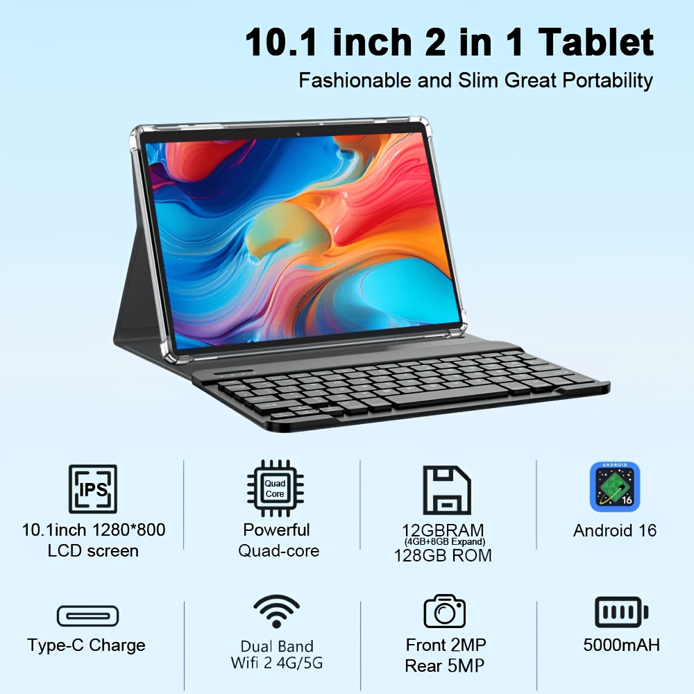 CRELANDER Android 16 Tablet 10 Inch Display Touch Screen 12(4GB+8GB Expand)RAM, 128GB ROM+Support 1TB TF Expanded(not Includ TF Card) WIFI, 5000mAh Battery Type-C Charging, with Case (Keyboard, Wireless Mouse, Pen) Can Optional