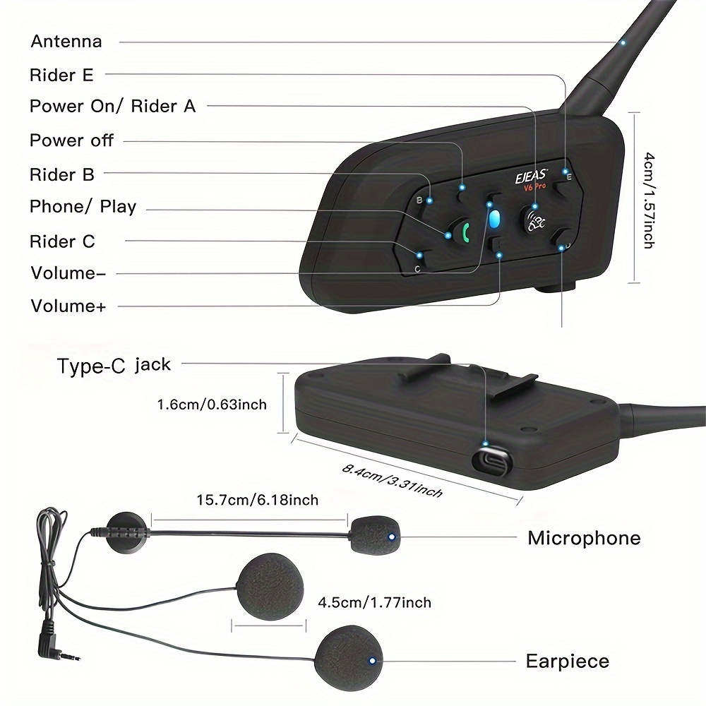 EJEAS V6 Pro Motorcycle Helmet BT Intercom Headphone Real-Time ESP Noise  Reduction Black