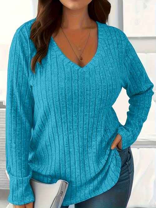 plus size spring autumn winter solid size womens v neck ribbed terry casual t shirt loose pullover long sleeve