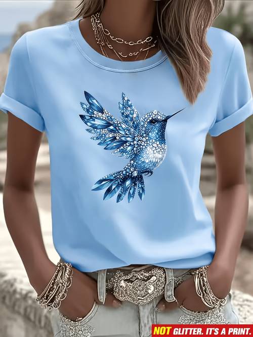 leichtes luxus-kurzarm-t-shirt mit -flachdruck kunst-diamanten, reguläre passform mit rundhalsausschnitt, damenbekleidung für frühling/sommer, outdoor-mode freizeit, leichter atmungsaktiver stoff, y2k-stil, als geschenk für töchter, schwestern, geburtstage,