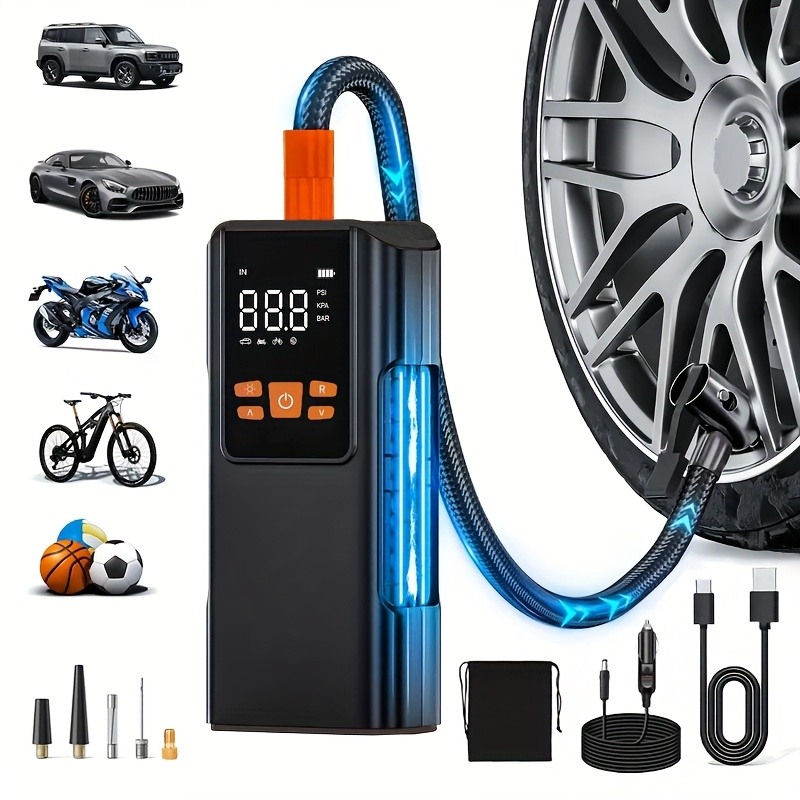TEMU Tire Inflator Portable Air Compressor, 150psi Air Pump For Car Tires With 25000mah Battery, 1 Click Smart Air Pump Tire Inflator For Car, Motorcycle, Bicycle And More With Tire Pressure Gauge