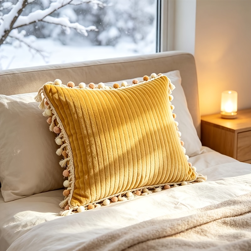 TEMU Nordic Hand-sewn Tassel Pillow Cover, With Hand-sewn Tassels And Three-color Macaron Ball Edges At The Corners, Suitable For Bedroom Bed Tails,