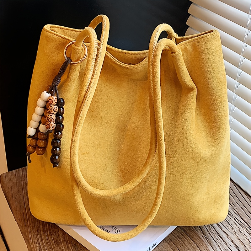 TEMU Perfect Lily Women's Retro Suede Tote Bag With Magnetic Closure & Beaded Tassel Charm - Spacious Suitable For Daily , Shopping,,, Gift - / ///