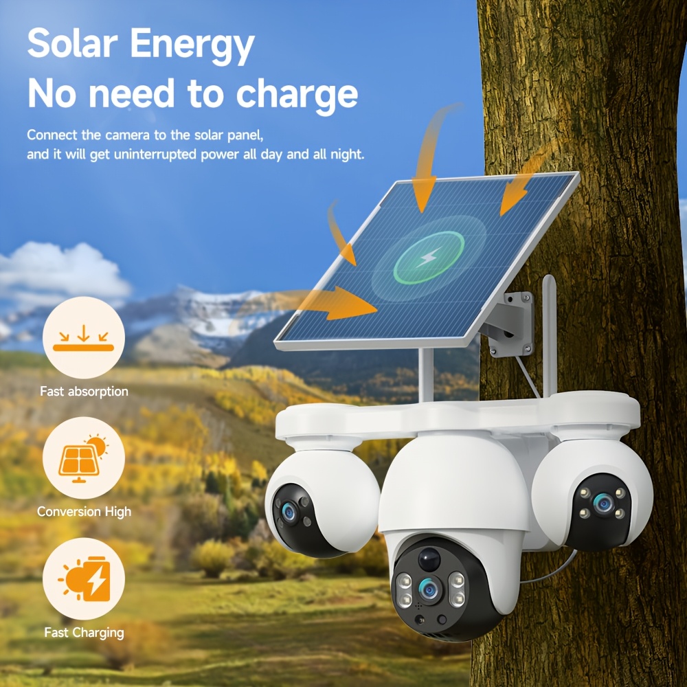 Caméra de sécurité V380MAX | Enregistrement toutes saisons 6MP, prend en charge le WI-FI 2.4Hz, système de surveillance sans fil, fonction audio bidirectionnelle, rotation à 360°, détection de mouvement simultanée à trois objectifs, stockage cloud, convient pour une utilisation extérieure, commerciale et domestique