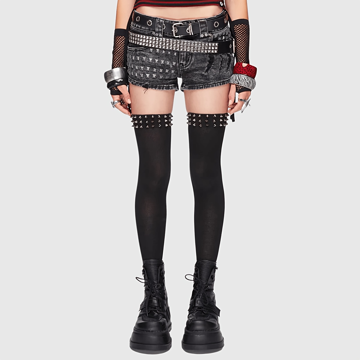 TEMU Spice Y2k Gothic Style Spiked - Punk Black Rivets Decorated Knee Socks, Suitable For Street Style And Holiday Wear