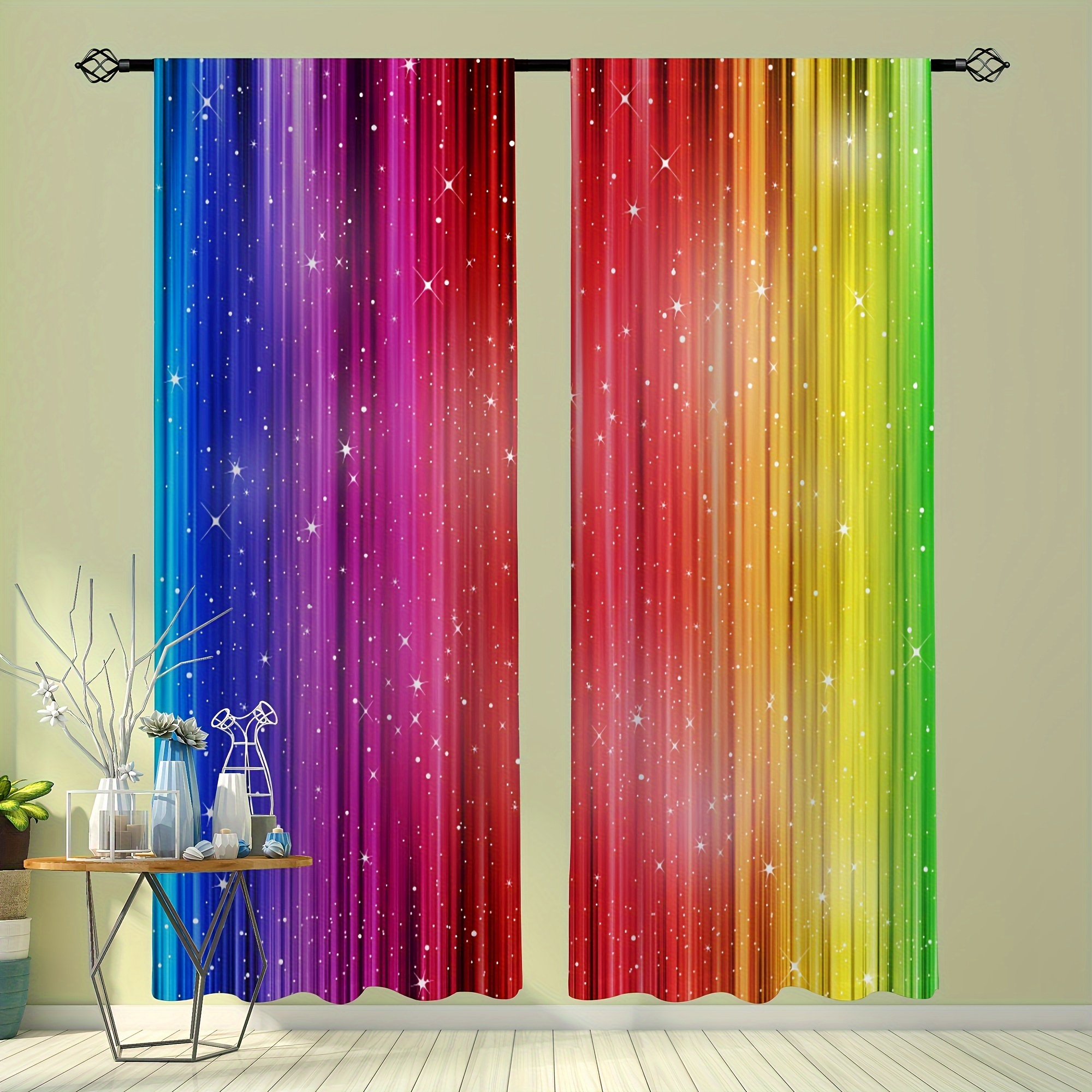 

2pcs Gradient Star Pattern Semi-sheer Curtains - Versatile Polyester Rod Pocket Room, Bedroom & Game Room Decor