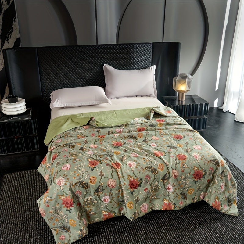 Image of 1pc Geeri Summer Quilt - 100% Polyester Floral Vine Print Green Bedding, Lightweight & Machine Washable, Options For All Body Types, Decor, Cute Bedding