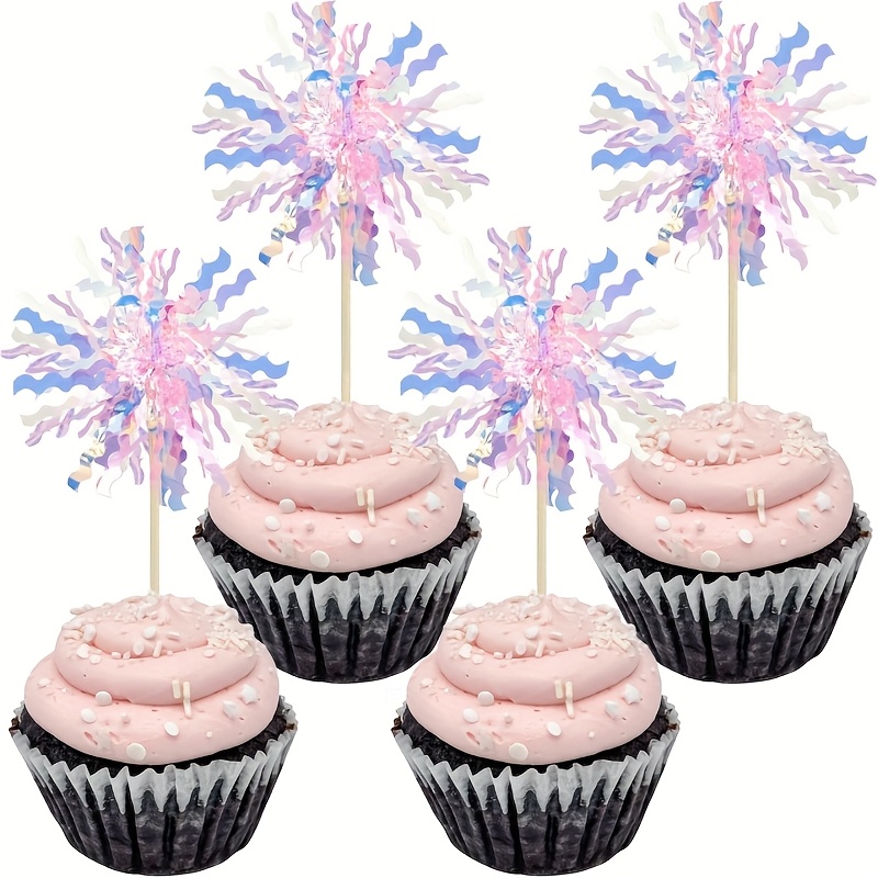 Image of 30pcs Foil Firework Cupcake Toppers Sparkle Tinsel Cake Toppers Tinsel Cake Decoration Cocktail Picks For Birthday Wedding Graduation Party Supplies Pink, Halloween, Christmas
