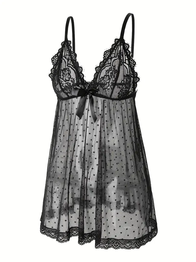 Women's Plus * Lingerie Dress, Plus Size Bow Decor Hot Lace Mesh * Dot Sheer Babydoll Dress Women's Plus * Lingerie Dress, Plus Size Bow Decor Hot Lace Mesh * Dot Sheer Babydoll Dress