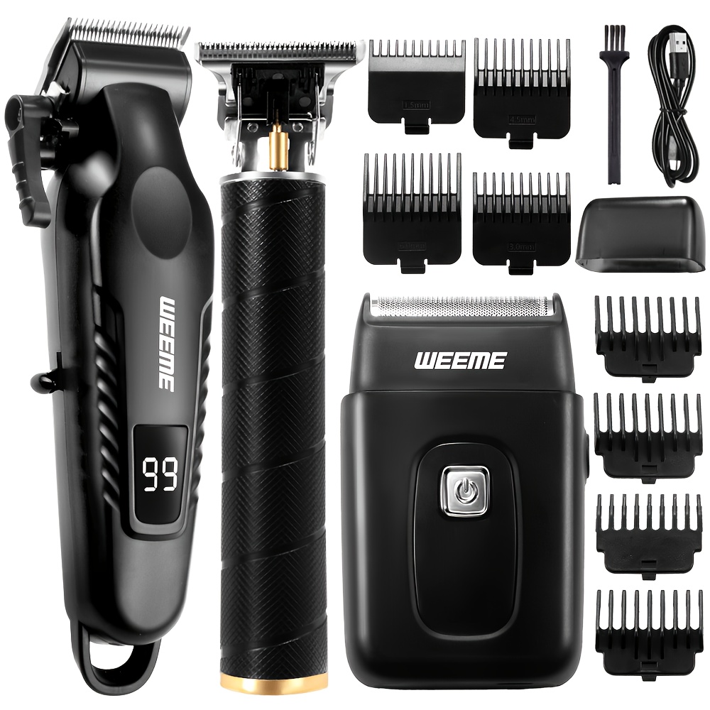 Image of Weeme 3pcs Kit Black Usb Rechargeable Hair Clipper + T-type Trimmer + Shaver, Lcd Display & Textured Design, Perfect Gift For Father, Son, Brother, Or Friend!