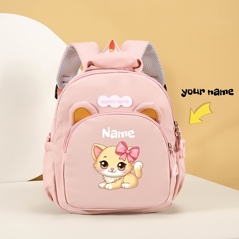 TEMU Custom New Cute Bow-knot Kitten Print Backpack, Personalized With Name Or Holiday Message, , Etc. Nylon Fabric, Stylish Zipper Closure,