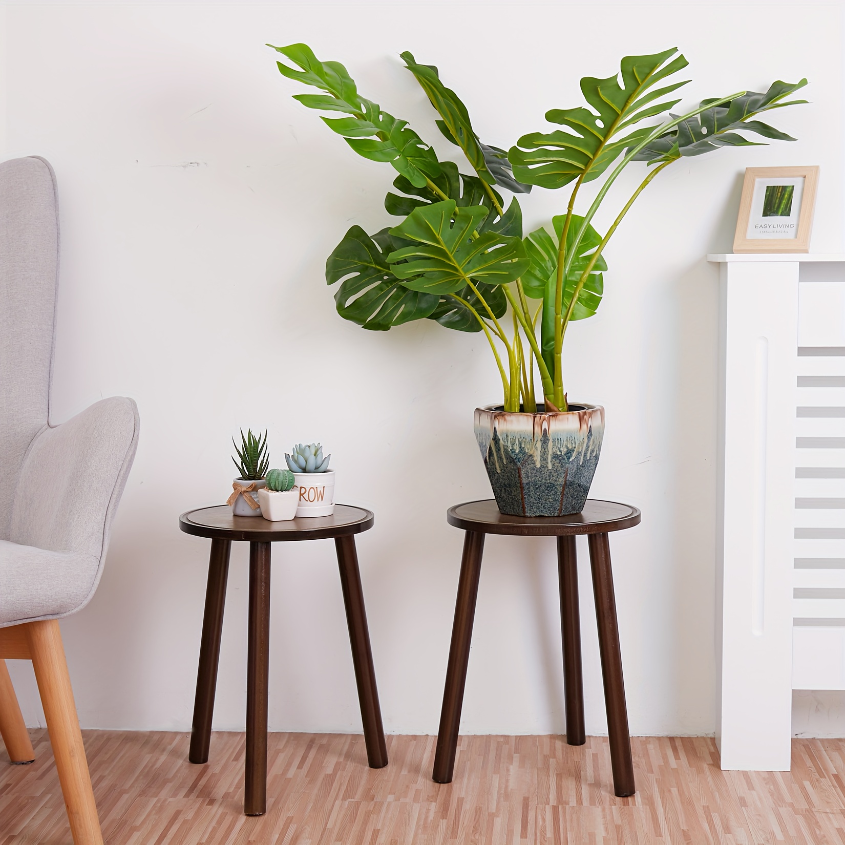 Indoor Plant Stand, Bamboo Plant Table Stand Set Of 2 Small Side Table 16.5" Tall Plant Holder Modern Solid Wood End Table Plant Stool Corner Round End Table For Flower Pots