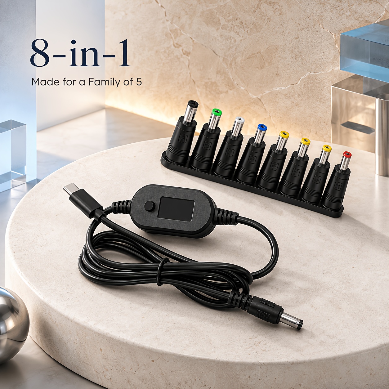 TEMU [Câble d'alimentation USB-C vers 8-en-1] Cordon de chargeur réglable PD Trigger de 135W avec affichage LED, sortie sélectionnable
