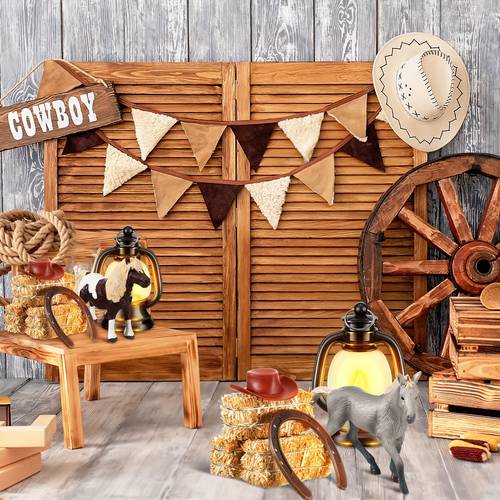 36pcs of western themed table centerpieces featuring realistic horse figurines hay miniature cowboy hats and mini lanterns for a cowboy party