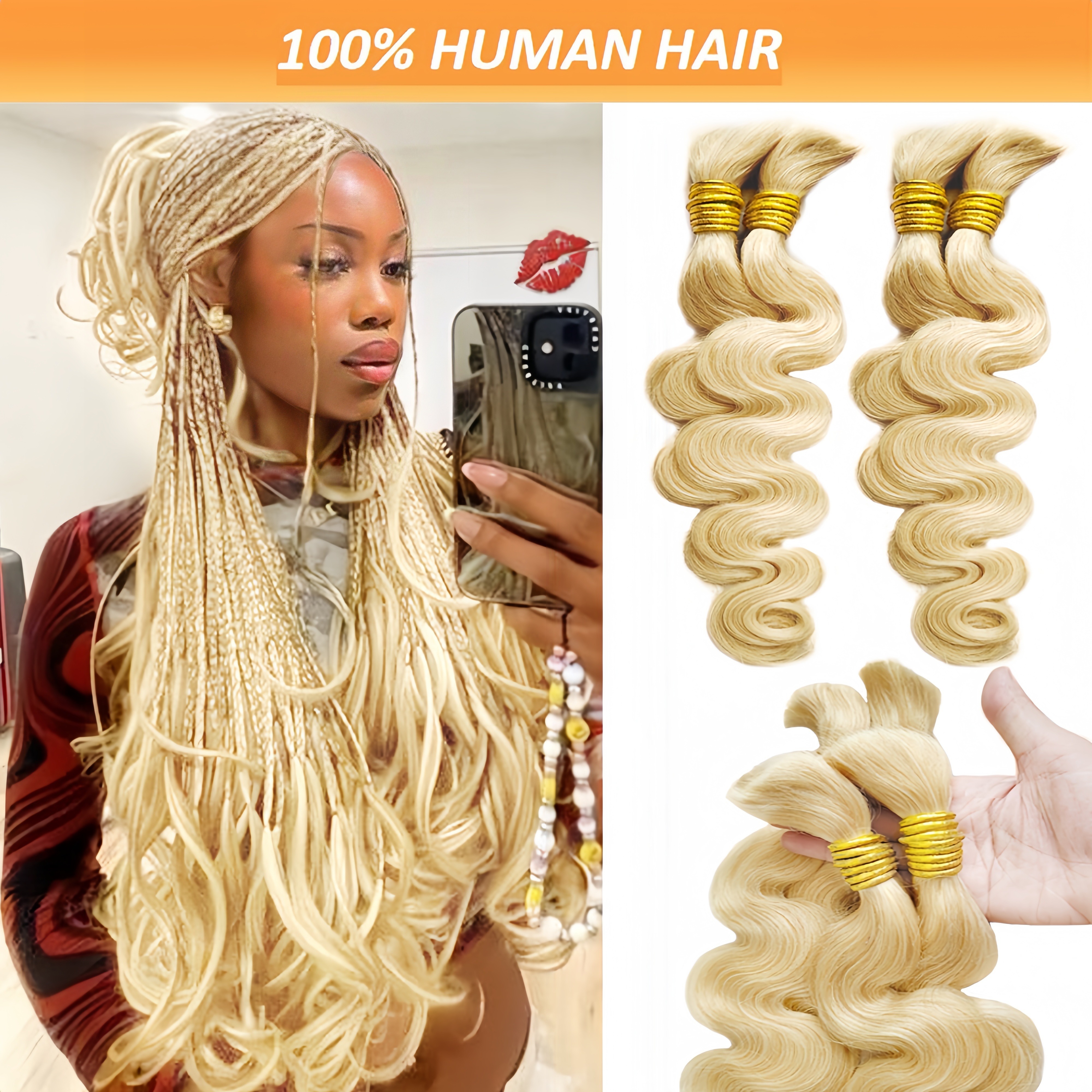 

Bulk Human Hair 613# For Braiding: No Weft, Curly Body Wave, 20-28 Inch, 180g 4 Bundle/pack, 90g 2 Bundle/pack