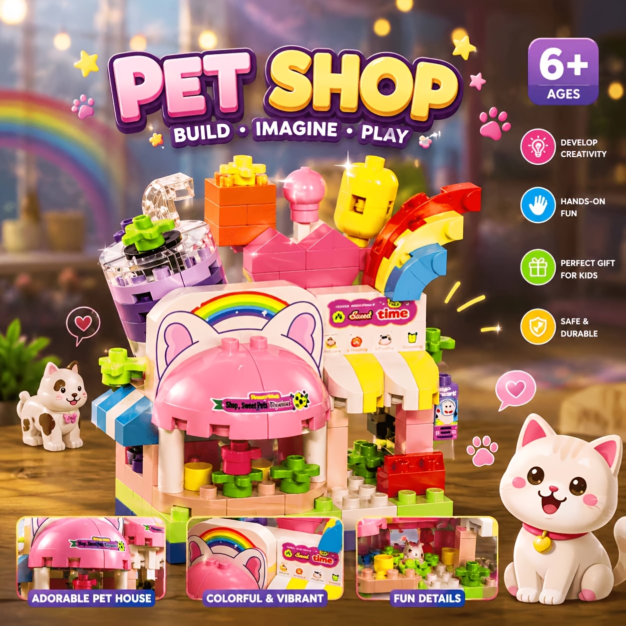 TEMU Mini Ensemble de Magasin de Blocs de Construction, Modèle de Magasin de Glaces, de Burgers et d'Animaux de Compagnie Créatif, Jouet de