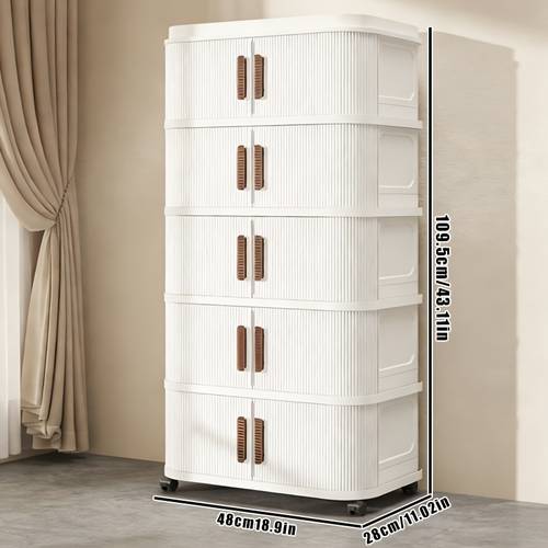 Large Capacity Entryway Storage Cabinet, 3/4/5/6 Tier Stackable Storage Organizer, Sliding Door Storage Bin, Mobile Storage Cabinet with Universal Wheels, Suitable for Entrance, Living Room And Bedroom (cream Color)