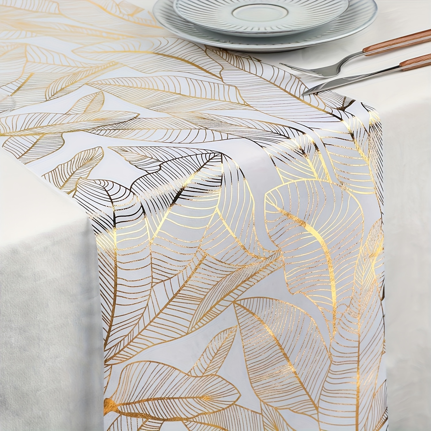E-shop Eleganter Tischläufer mit goldenem Bananenblatt-Netzmuster Goldprägung, 100 % -Tischdecke, stilvoll, hitzebeständig langlebig. Geeignet zur