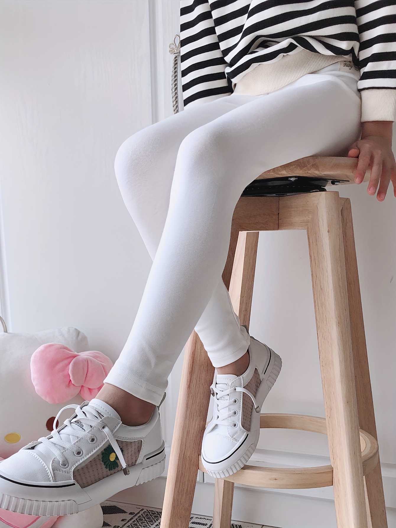Girls' Cotton Leggings with High Stretch Casual Solid Color Knit Pants  for Kids, Comfortable Long Length with 95% Cotton 5% Spandex for Sp