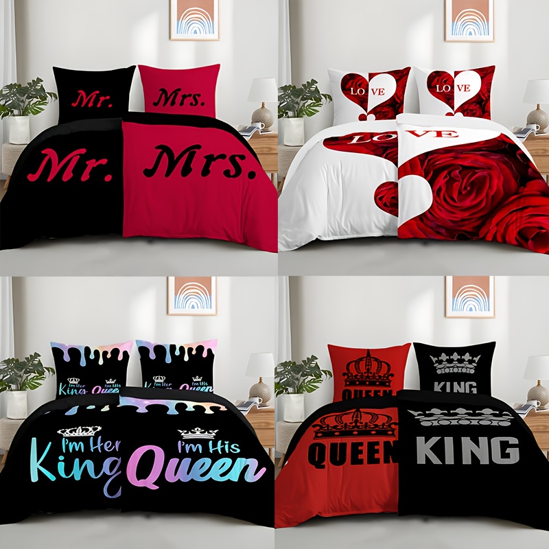 4-teiliges Set mit digital bedrucktem Queenking-Herz-Muster für Bettwäsche, 2 135*200 Bettbezüge, 2 80*80 Kissenbezüge mit Reißverschluss, Mikrofaser, bequem und weich
