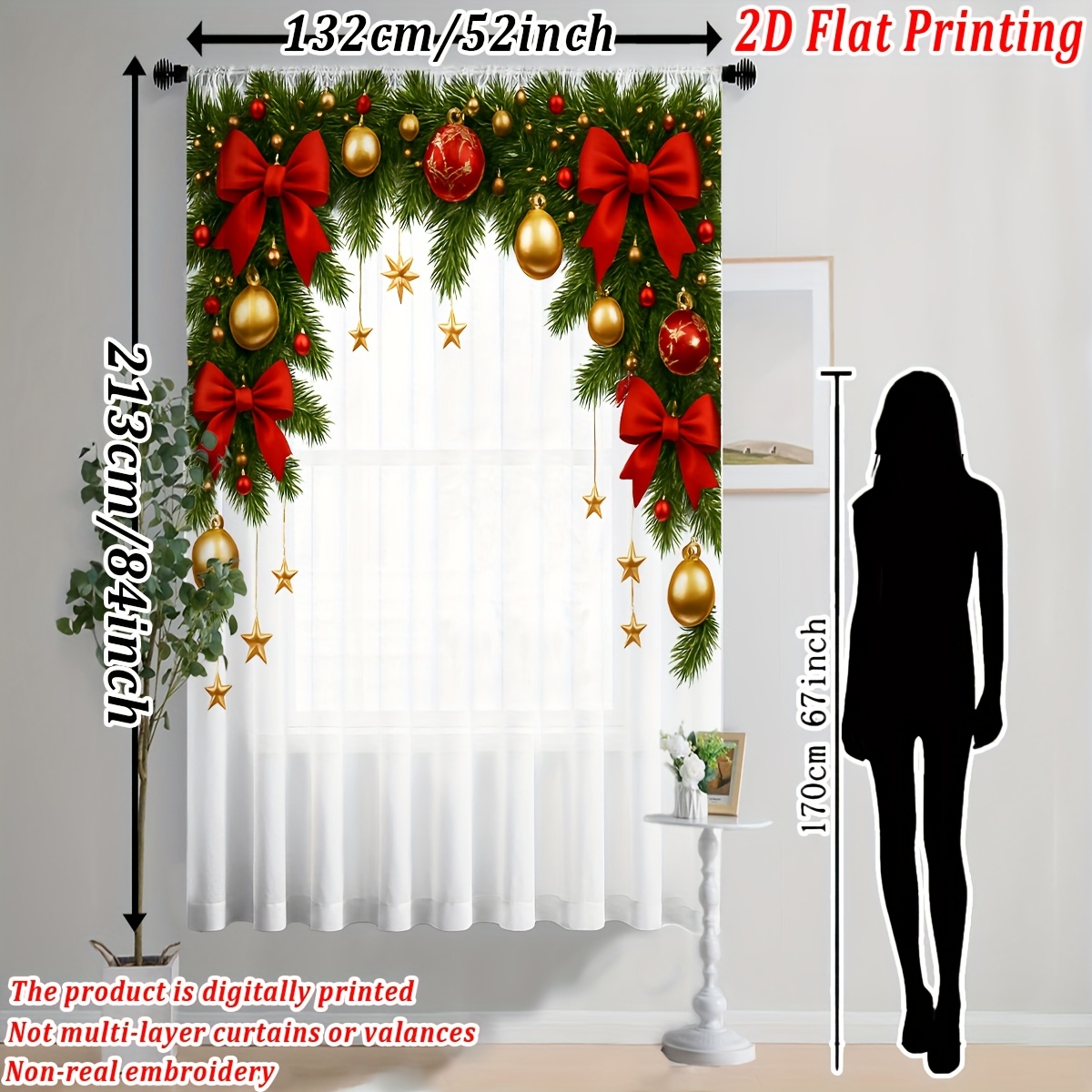 TEMU 2d Flat - 2d Flat - 2d Flat Printing, Pack Of 1, Transparent Sheer Curtain With Christmas-themed Prints Including Christmas Trees, Red Bows,