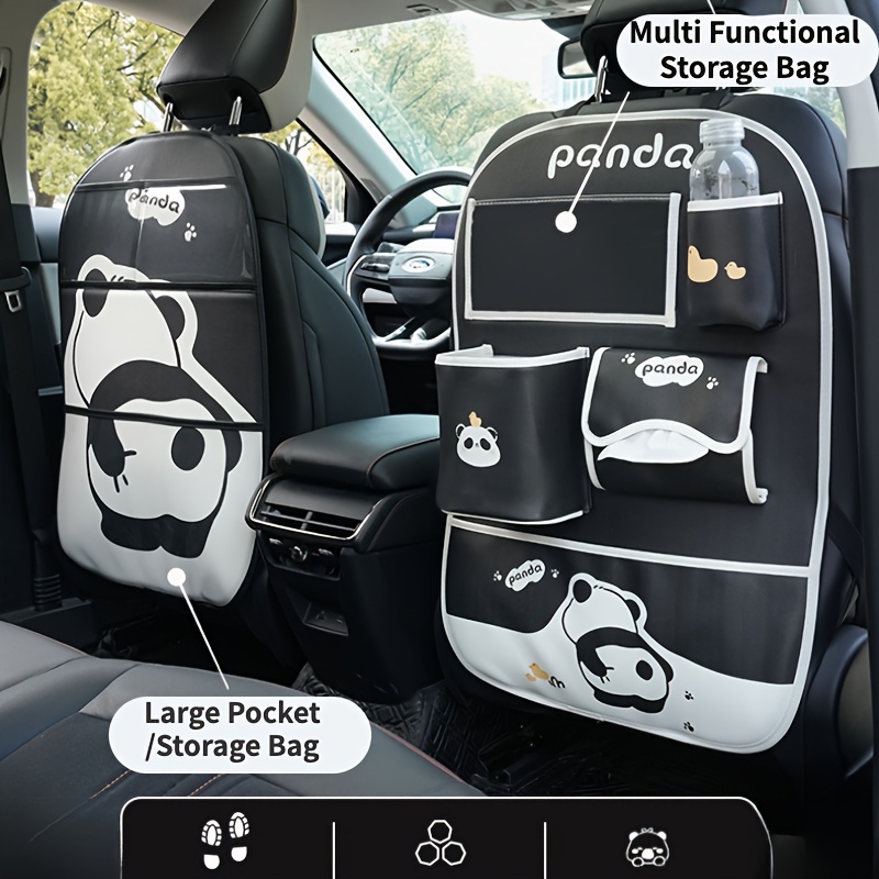 

Panda-themed Car Organizer With Anti-kick Pad - Multi-functional Seat Back Storage Bag, Trash Bin & Tissue Holder, Durable Faux Leather