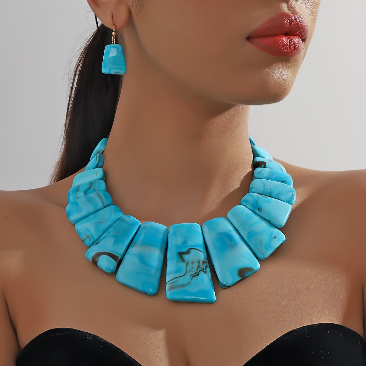 E-shop Bohemian Urlaubsstil Acrylperlen Halskette und Ohrringe Set, Damen Festival Geburtstag Date Einkaufszubehör