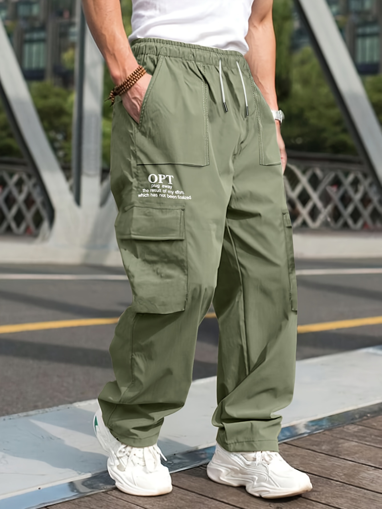 men's 'opt plugs away' print drawstring cargo pants - Temu