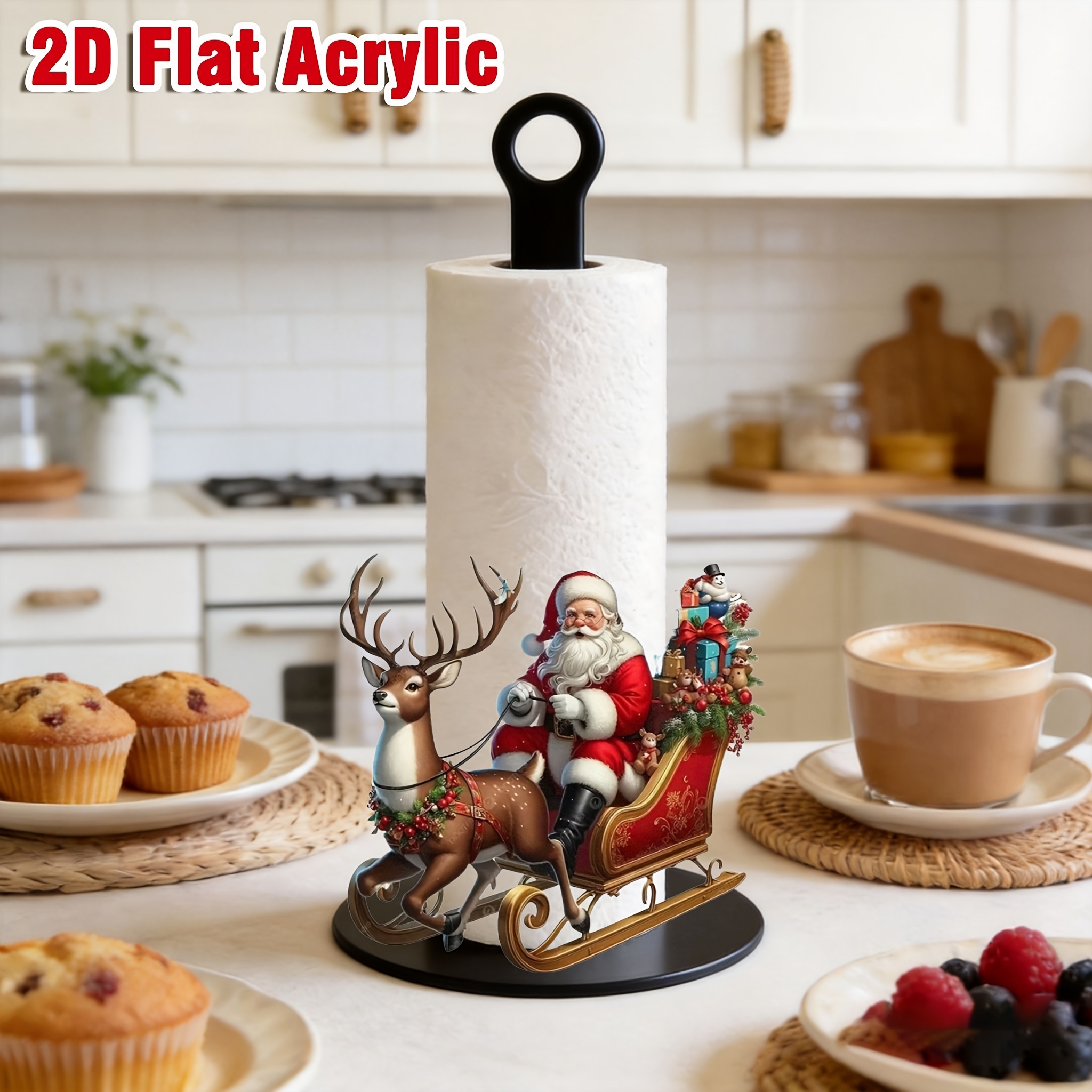 TEMU 1pc, Acrylic Countertop Standing Tissue Holder Decorated With A Reindeer Sleigh Santa Claus Pattern (2d Flat), 2d Printed Design, Kitchen Tissue