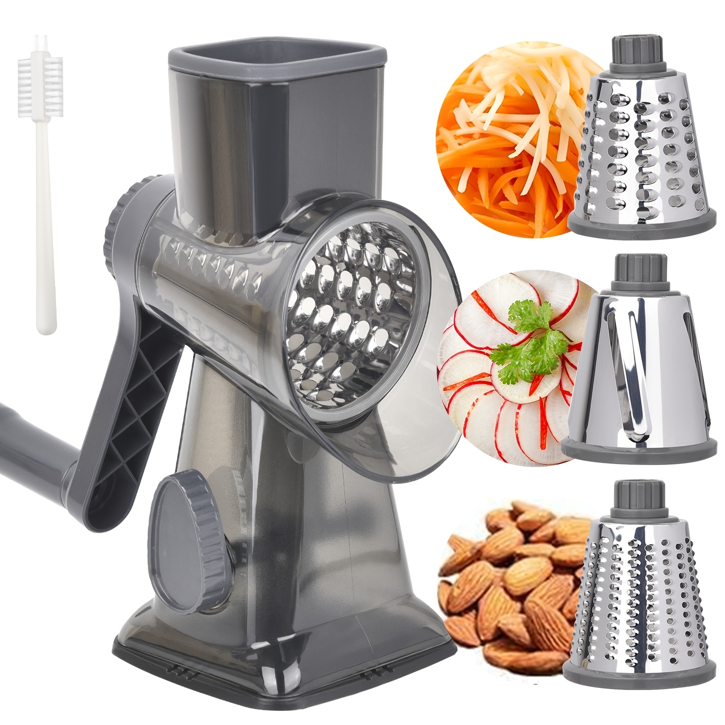 TEMU Rallador de queso giratorio con mango, cortador de verduras y triturador de queso para cocina, 3 cuchillas intercambiables para cortar queso, ,