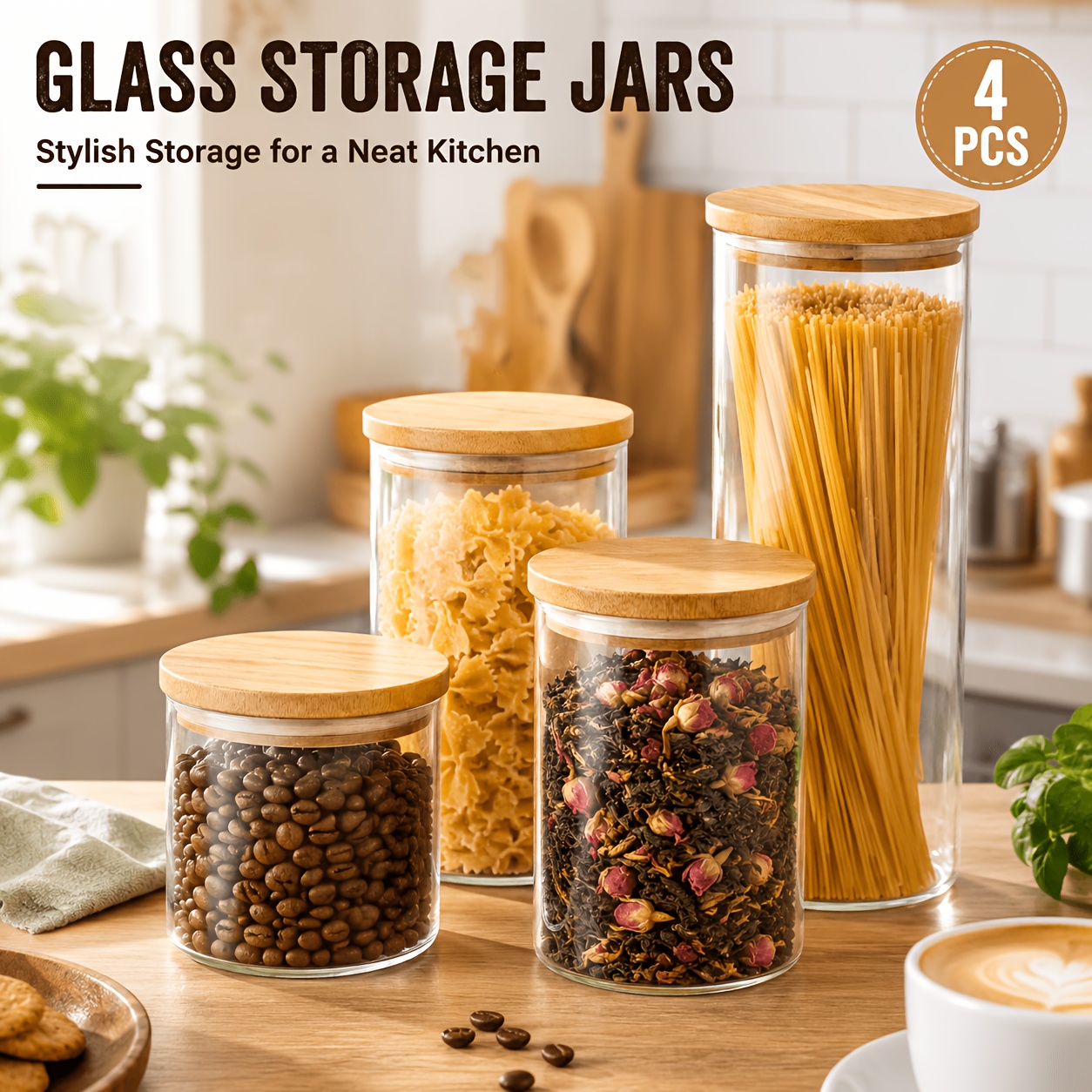 TEMU 4pcs Set Of Round Glass Storage Jars With Sealed Bamboo Lids, Transparent Glass Food Storage Containers, Food-grade Kitchenware, Suitable For