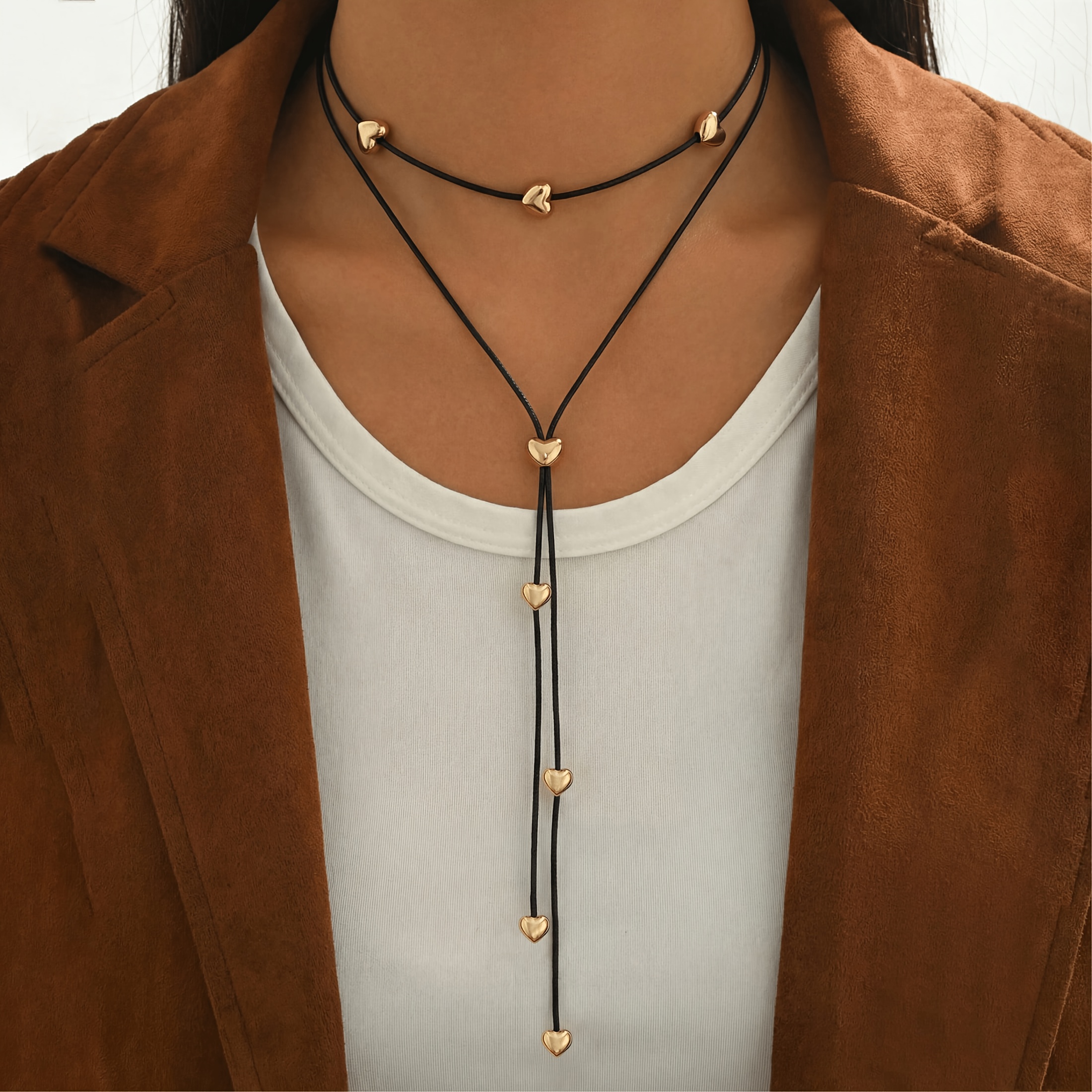 TEMU A Women's Autumn And Winter Double-layer Drawstring Necklace With A Black Cord, Adjustable Length, Featuring A Delicate Texture. Suitable For