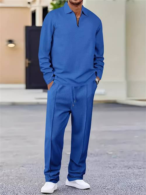 mens 2pcs outfits fall waffle knit long sleeve top pants set comfortable breathable casual sports tracksuit for daily workout