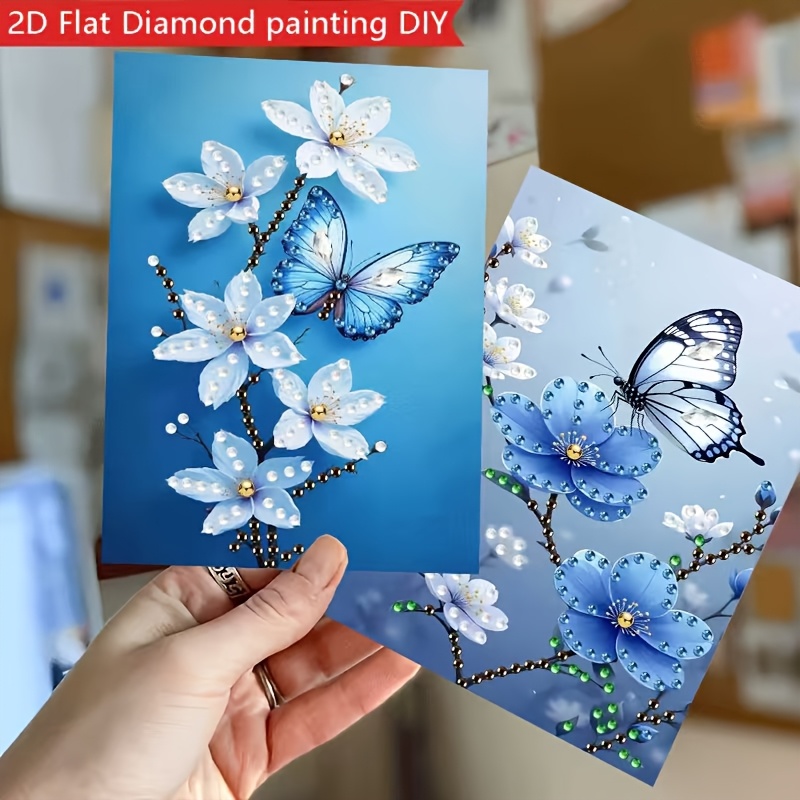 TEMU Hot New 6-delige 2D Platte Print Vlinder Bloem Serie Diamant Schilderen Kaart Set, Irregulaire Kristalvormige Diamanten, Diamant Kunst Ontwerp.