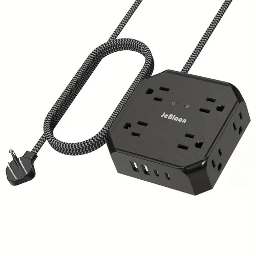 protector power strip ultra thin flat plug extension cord with 8 outlets 4 usb ports 3 side outlet extender strip with 5ft braided extension cord for home office dorm room essentials black