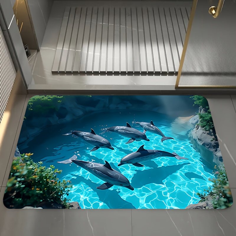 TEMU 1pc Super Absorbent Bath Mat - Quick-dry Bathroom Rug With Non-slip Backing, Ocean Theme-soft Diatomite Bathroom Kitchen Laundry Mat For Shower,