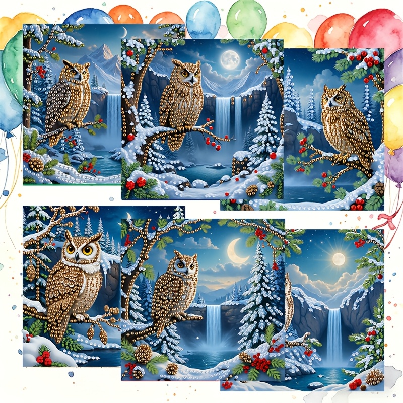 TEMU 6pcs Unique New Diamond Painting Greeting Card Set - Owl Cards, Includes 6 Envelopes, Diamond Bags, And Tools. Birthday And Holiday Greeting