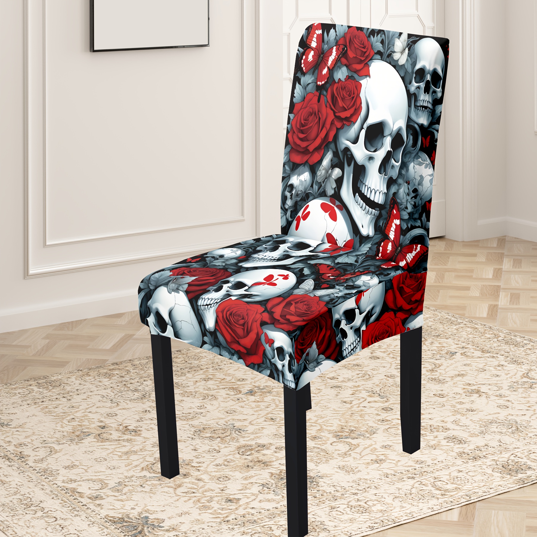 

4/6pcs Halloween Decor And Red Roses Printed Chair Slipcovers, Stretchable Milk Silk Fabric, Washable, Fits Dining & Garden Chairs For Home, Hotel, Dust-proof Artistic Decoration