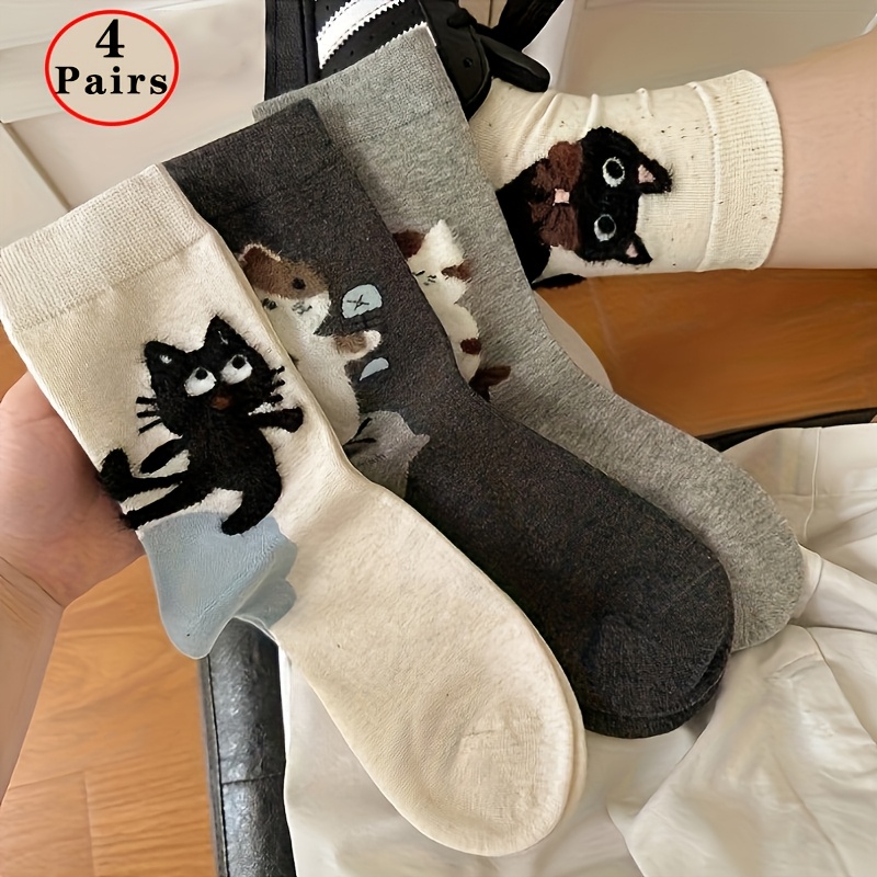 E-shop 4 Paar Herbst Winter Neue Leichte Süße Cartoon Katze Fussball Versatile High Aesthetic Mid-Calf Socken