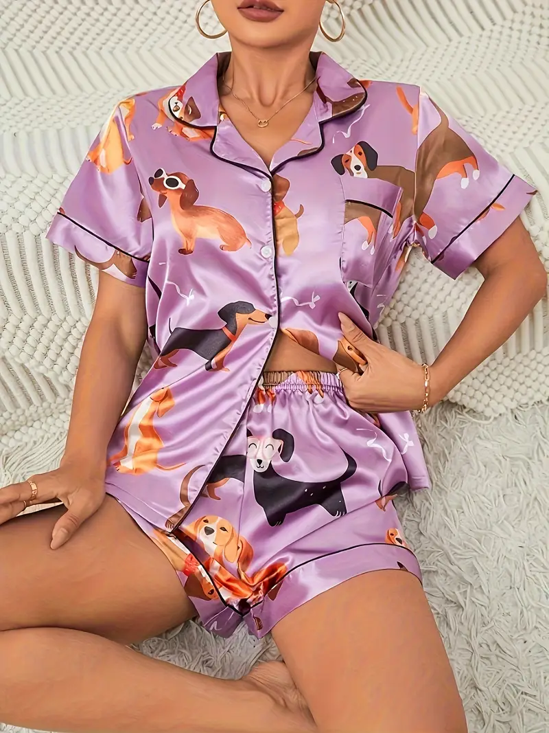 2 satin purple cute puppy sleepwear set womens short sleeved stand up collar top and shorts sleepwear 2 set Product details 2