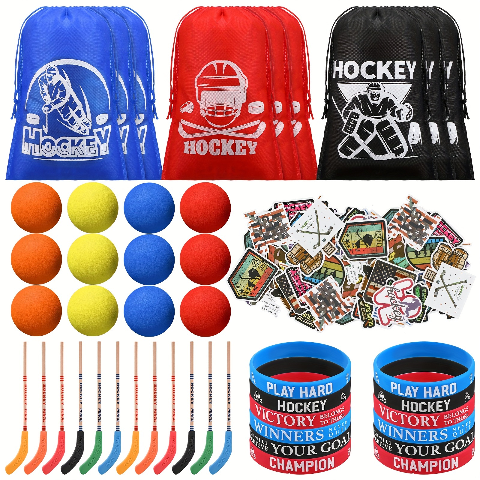 

98 Pcs Hockey Party Favors Include Hockey Pencils, Mini Foam Knee Hockey Balls Hockey Stickers Silicone Hockey Bracelets Drawstring Hockey Gift Bag For Sport Hockey Birthday Party