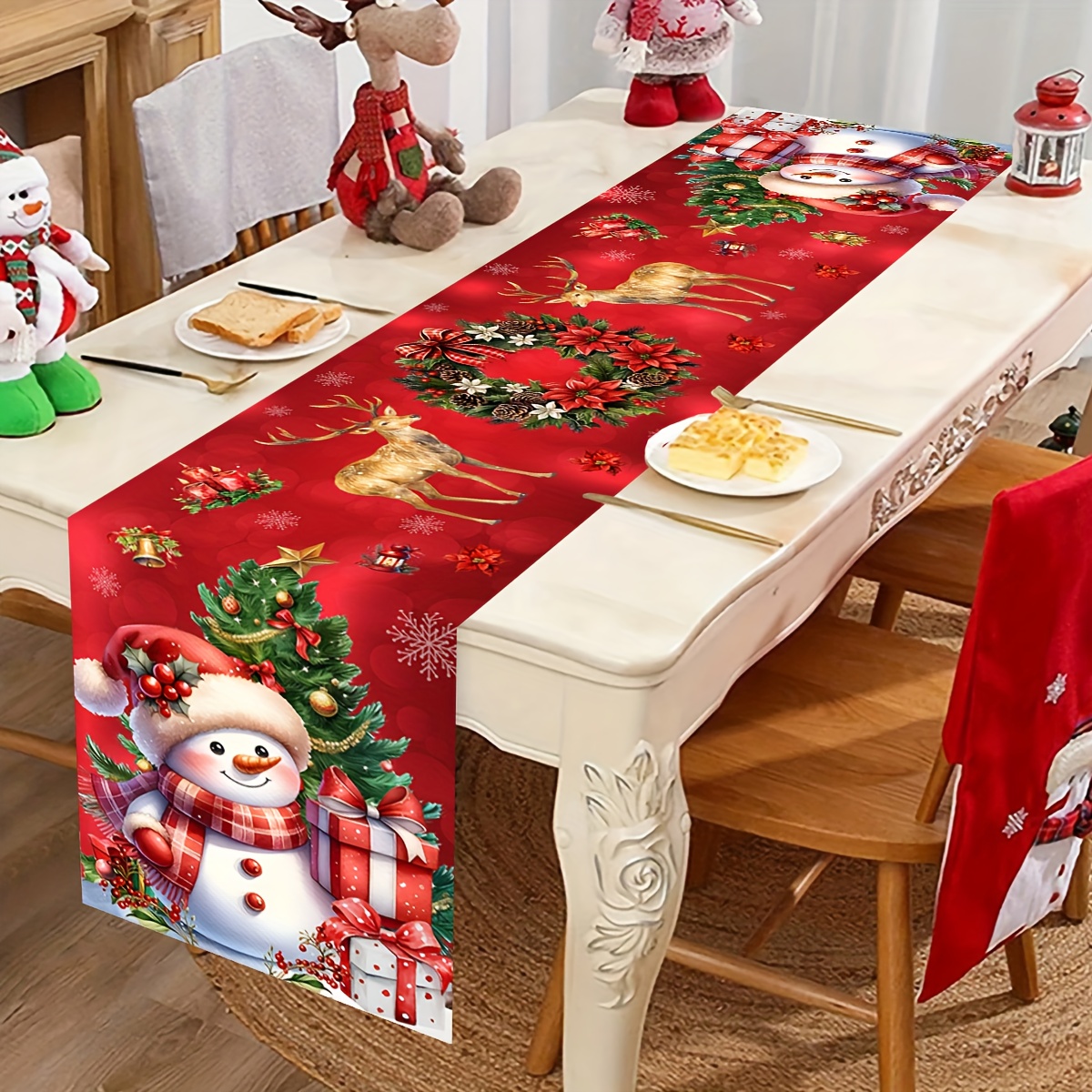 TEMU Chemin de pièce 35*180cm en , motif de neige, sapin de Noël, et couronne de Noël rouges, pour décoration de table de salle à manger et de salon