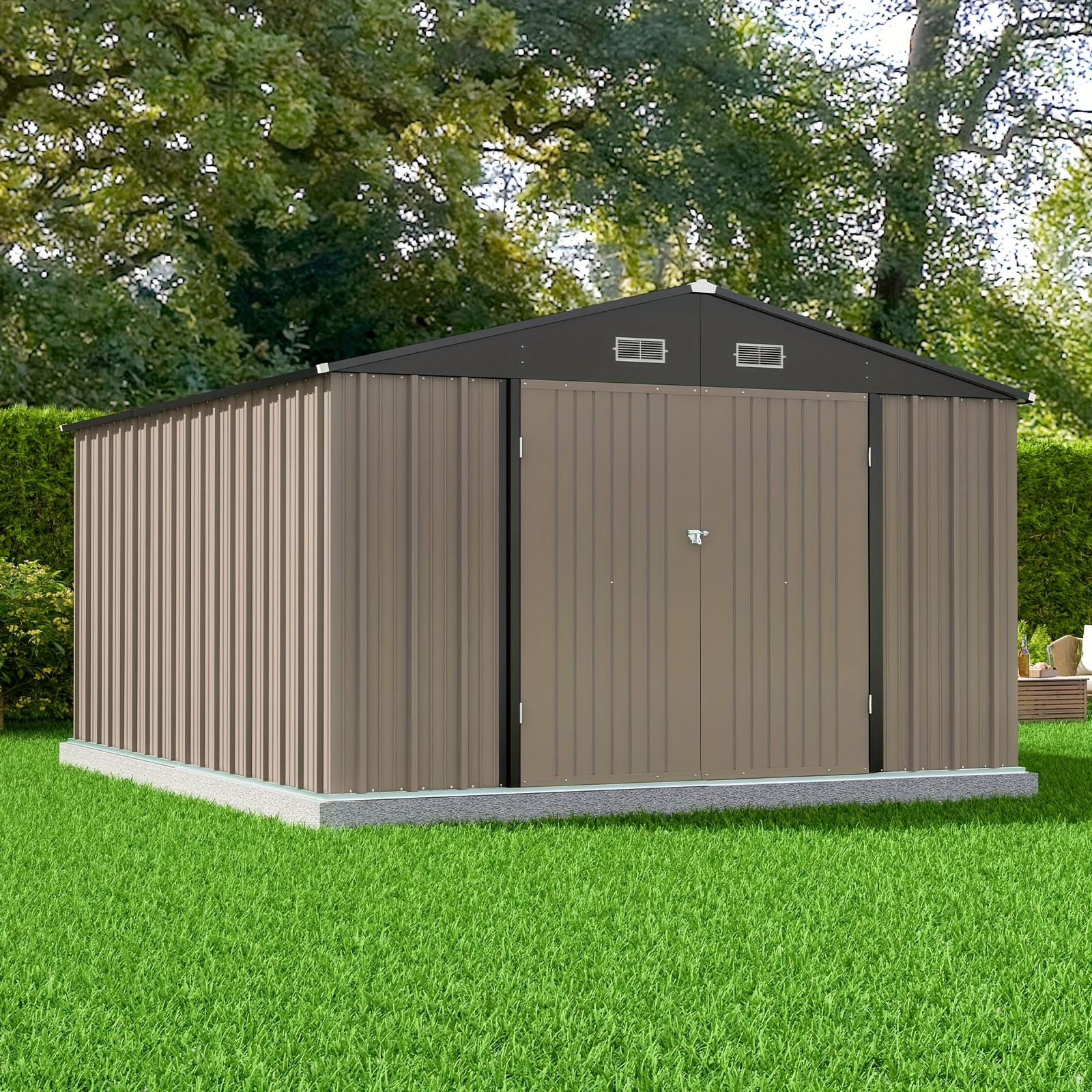 

10x12 Ft Metal Storage Shed For Outdoor, Steel Yard Shed With Design Of Lockable Doors, Utility And Tool Storage For Garden, Backyard, Patio, Outside Use