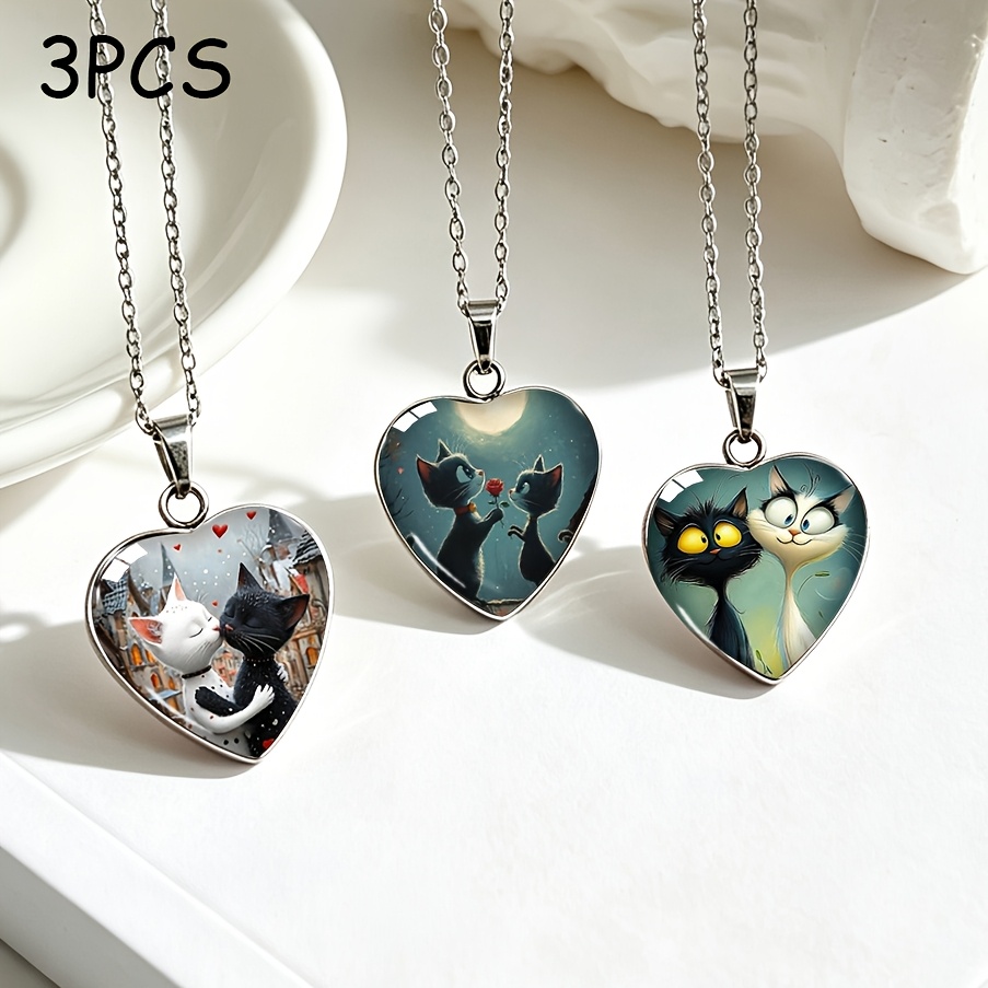 TEMU Ensemble de 3 pièces Collier en Acier Inoxydable de Cœur Noire et Blanche Couple Chat Illustration Cœur Pendentif en Verre Chaîne Clavicule
