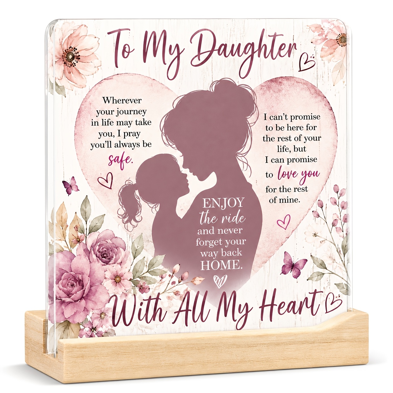 TEMU 2d Flat, To My Daughter Acrylic Plaque With Wooden Base - Mother-daughter Silhouette Gift, Irregular-shaped & Desktop Decor Suitable For