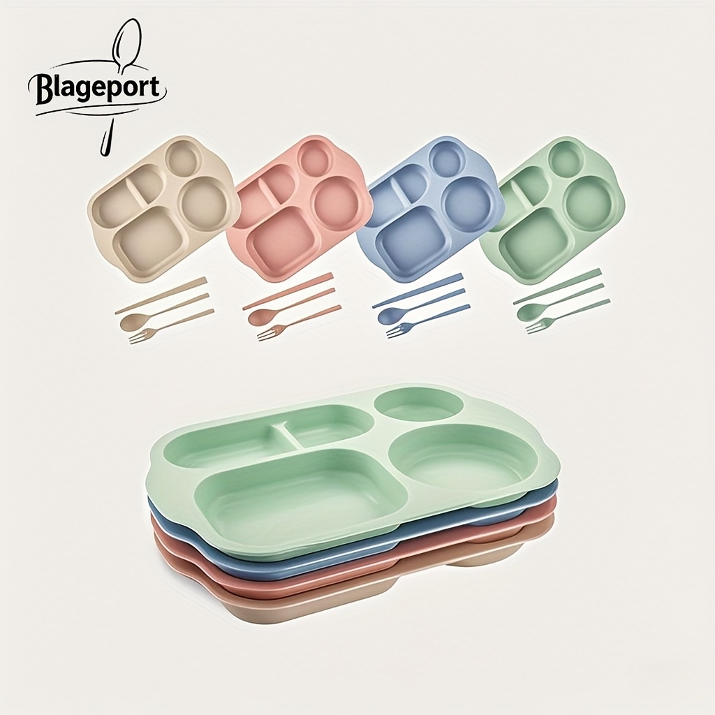 4pcs durable plastic compartment tray set 5 section meal prep plates with spoon fork and chopsticks microwave and dishwasher safe   lunch trays for   picnic party camping travel