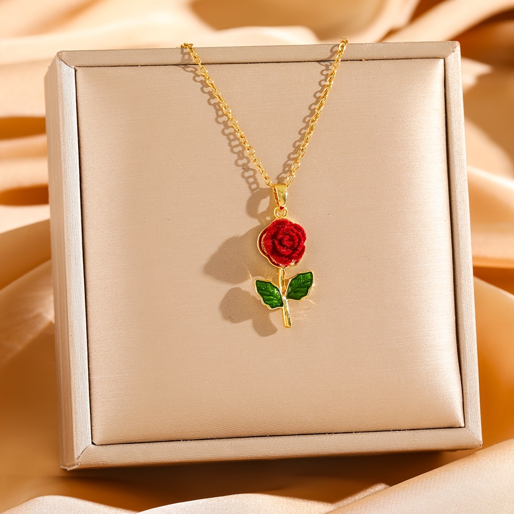 Women's Red Velvet Rose Pendant Necklace