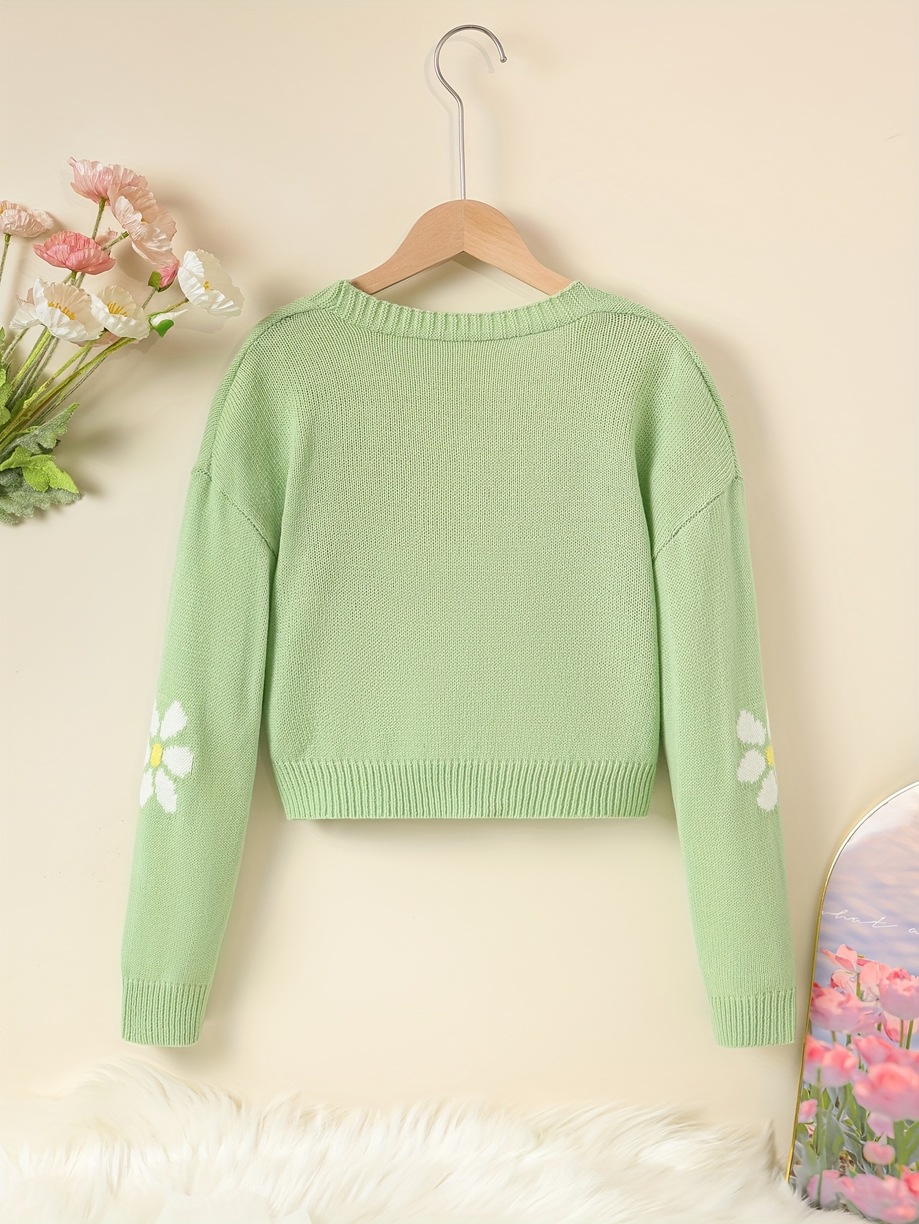 Girls' Cute Floral V-Neck Cardigan Soft Knit Green Long Sleeve Open Front  Sweater with 3D Flower Embellishments, Lightweight Spring/Fall Layering